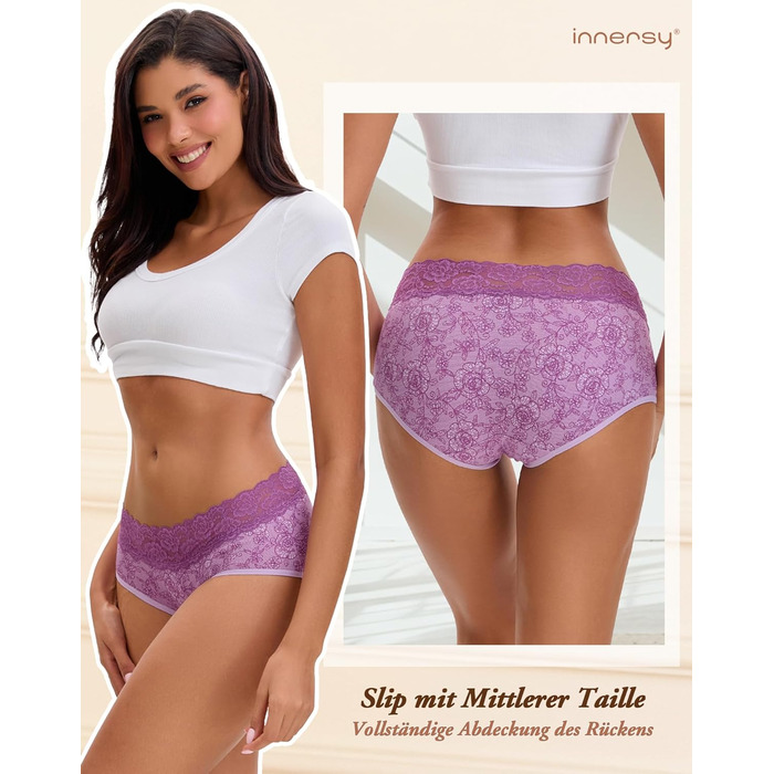 Слідки жіночі INNERSY бавовна з мереживом, комфортні, трусики-хіпстер, набір 6 шт. (46, 1 фіолетовий з квітковим принтом/5 червоних та рожевих серій)