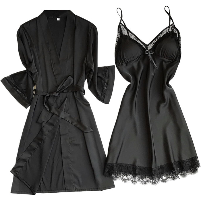 Чорний жіночий піжамний комплект MILAX: нічна сорочка-бабідол, халат, кімоно, мереживо, квіти, V-подібний виріз