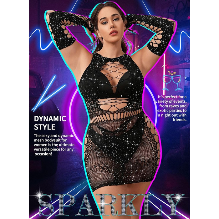 Елегантний жіночий комплект нижньої білизни Ella Lust: мереживний боді, сукня з паєтками та мереживні рукавички. Чорний, універсальний розмір.