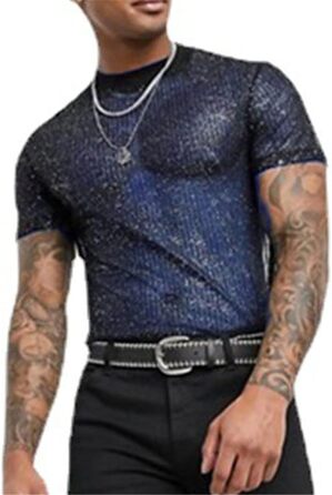 Чоловіча футболка з паєтками, мереживо, прозора, сексуальна, короткий рукав, топи, повсякденний стиль, прозора сорочка, топ Cub (L, Синій)