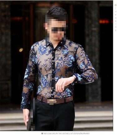 Чоловіча сорочка Deepsko з мереживом та квітковим візерунком, прозора сітка, жовта, розмір EU S-M