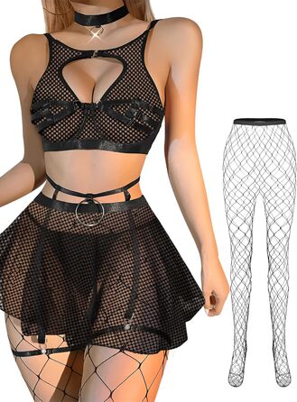 Сексуальний комплект білизни Lilosy: колготки, чокер, галстук-петля, бюстгальтер з підкладкою та кільцем, спідниця (M, сітка, чорний)