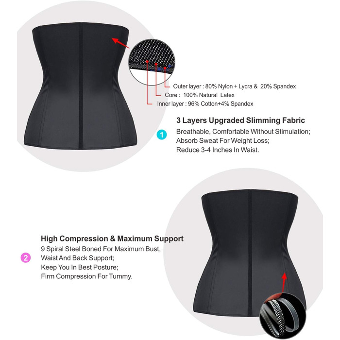 Корсет YIANNA для жінок: корегує та підтягує живіт, латекс, з 9 сталевими кісточками, чорний