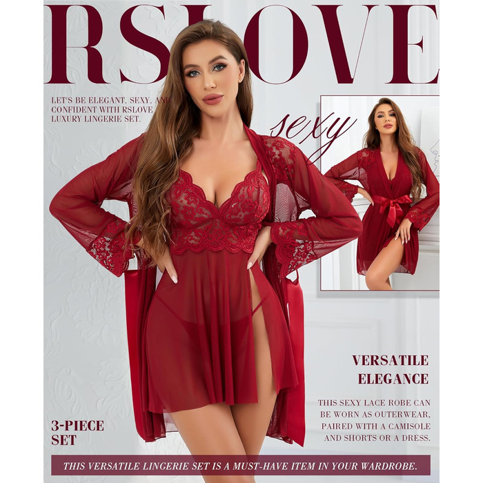 RSLOVE Сексуальний жіночий комплект нижньої білизни: мереживний халат, нігліж, боді з сітки, 3 шт. - Вишневий