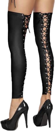 7Heaven Чорні мереживні панчохи-чулки з шнурівкою з еластичного wetlook матеріалу, без швів, S/M