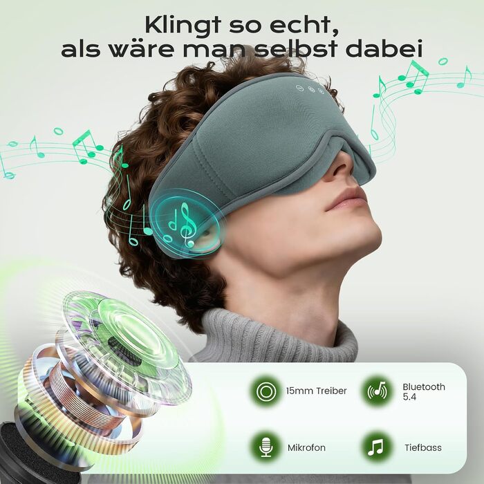 Bluetooth-навушники для сну MUSICOZY 5.4 — Маска для сну з 3D бамбуковою бавовною, повне затемнення (Blackout), 16 годин роботи, для подорожей та людей, що сплять на боці (Димчасто-сірий)