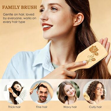 Дерев'яна щітка для волосся Bsisme з натуральною щетиною кабана та розплутуючими штифтами для жінок та чоловіків, проти статичної електрики та для блиску