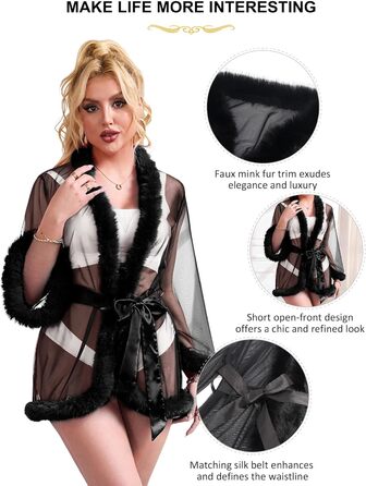 Кимоно Sunushinelady для жінок: коротка, сексуальна нічна сорочка з пір'ям, прозора, великі розміри, babydoll, з поясом, пляжний халат, неглиже, спідня білизна, чорний, XS-S