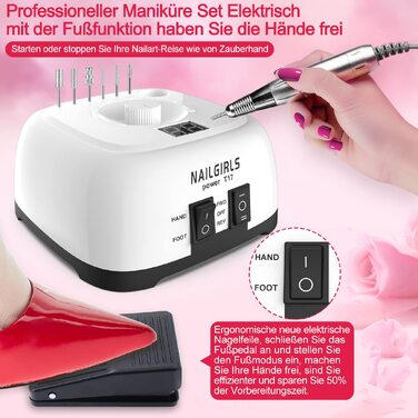 Електричний апарат для манікюру та педикюру NAILGIRLS 11 в 1, 35000 об/хв, з LCD-дисплеєм та педаллю, професійний набір для нарощених нігтів та гель-лаку (Білий)