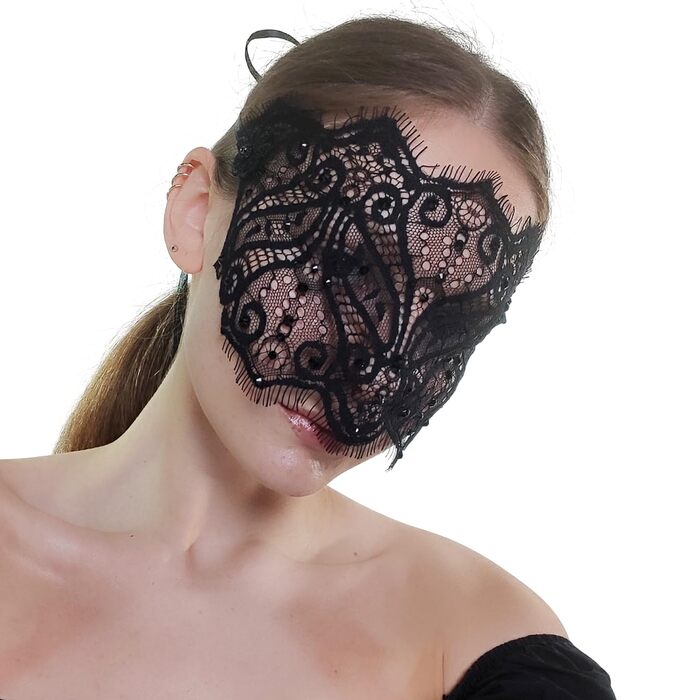 Чорна мереживна маска для жінок з кристалами - елегантна венеціанська маска для маскараду, готичної вечірки, косплею, карнавалу та особливих подій - ручна робота (чорний)