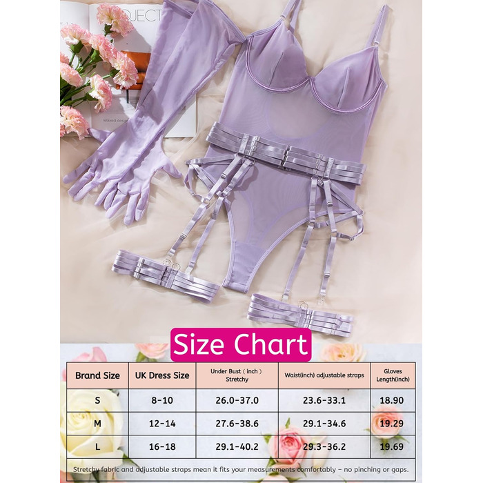 ЕVELIFE Сексуальний боді з мережива та сітки для жінок - 3-частинний комплект з панчохами та рукавичками, фірмовий комплект нижньої білизни (фіолетовий, 36)