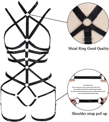 Комплект корсет, бра та стрінг з ремінцями для тіла, чорний, готичний стиль