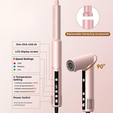 Набір стайлер для волосся 7 в 1 Atopskins Airstyler Pro: фен з дифузором, круглі щітки, випрямляч та плойка для beach waves, Creamrosa
