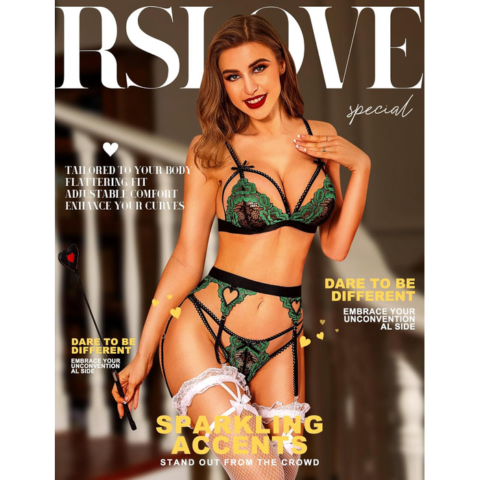 RSLOVE Комплект спідньої білизни для жінок: мереживний тіффані, боді, стринги (3 шт.) - чорний, L