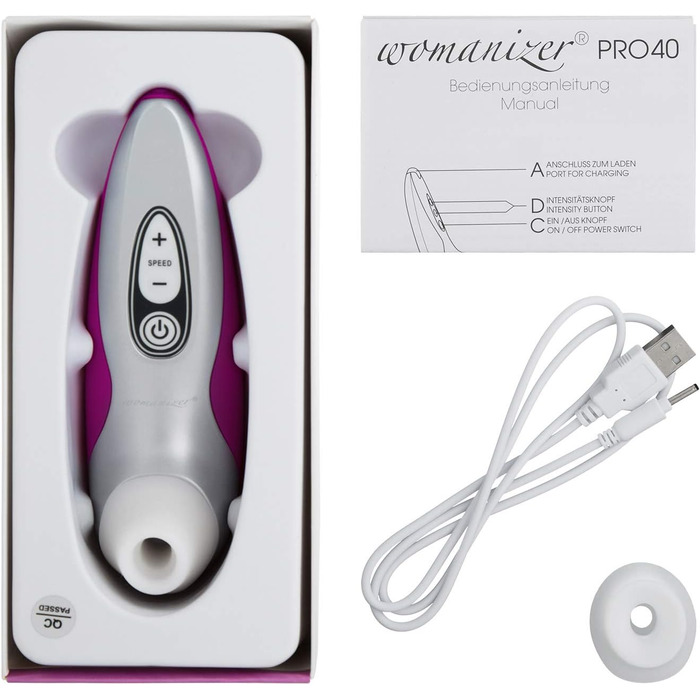 Womanizer Pro 40 - вібратор для клітора: 6 рівнів інтенсивності, тихий, водонепроникний, magenta/срібло