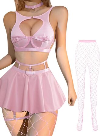 Комплект білизни Lilosy: колготки, чокер, ремінь-петля, бюстгальтер з підтяжкою, спідниця (M, Рожевий)