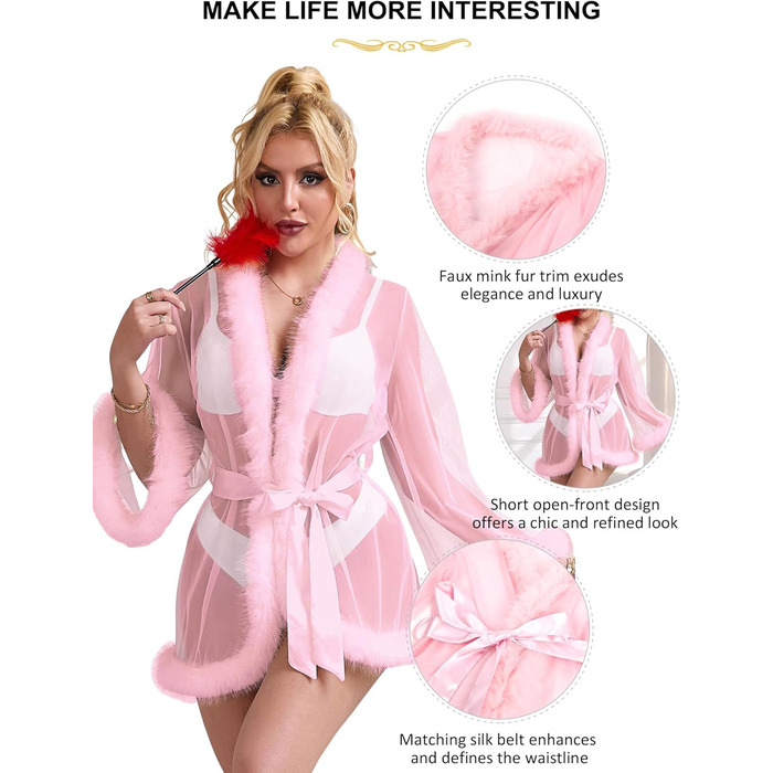 Кимоно жіноче з тюлю, коротке, сексуальне, з штучним хутром, прозоре, великі розміри, для відпочинку, вечірки, вагітним, з поясом, XS-S, рожеве