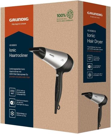Фен для волосся Grundig HD 6080 L 2200 Вт з іонізацією та керамічним покриттям, 3 температурних режими, чорний/сріблястий