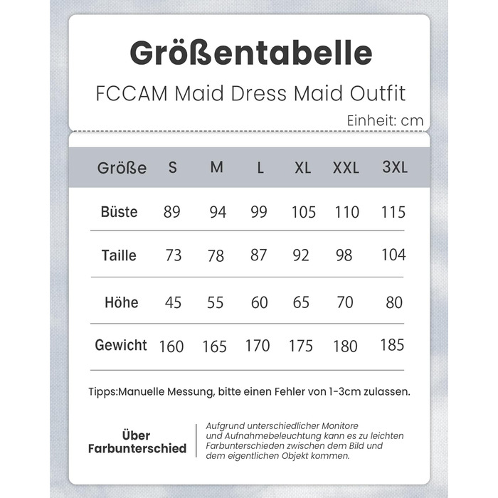 Костюм покоївки FCCAM CCAM: чорне плаття покоївки, костюм для косплею, одяг для обслуговуючого персоналу, 3XL