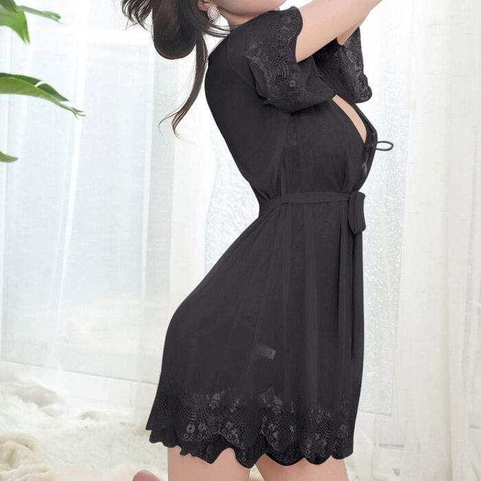 Шовковий халат для жінок: короткий халат з V-подібним вирізом, чорний | Халат з квітковим принтом