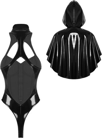 Латексний боді з капюшоном та лакованим шкіряним покриттям для жінок, готичний костюм, чорний, XL