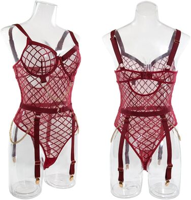 Боді-комбінезон жіночий мереживний SINROYEE з шкіряними вставками, червоний, розмір XL