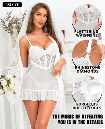 RSLOVE Сексуальна білизна комплект для жінок - мереживна нічна сорочка-бабідол з халатом, 2-х частинний набір, нічна сорочка (XL, Білий)