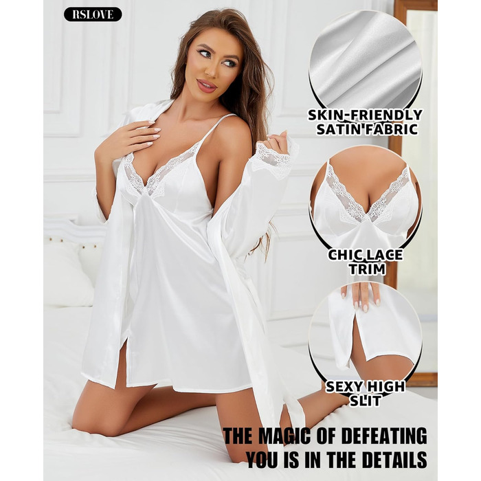 RSLOVE Комплект ніжної сукні та пеньюару з мереживом Daen Satin - сексуальний комплект спідньої білизни (M, білий)