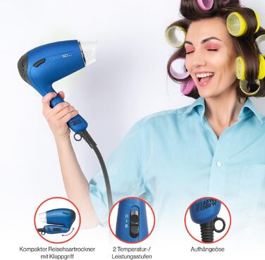 Компактний дорожній фен для волосся Clatronic HTD 3429, 1200 Вт, 2 режими роботи, з дифузором та чохлом, двонапружний (110/230В), синій
