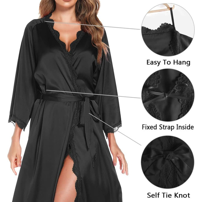 Шовковий халат Aranmei для жінок: довгий, з V-подібним вирізом, 3/4 рукава, нічний халат, халат для сну, кімоно, чорний, з мереживом