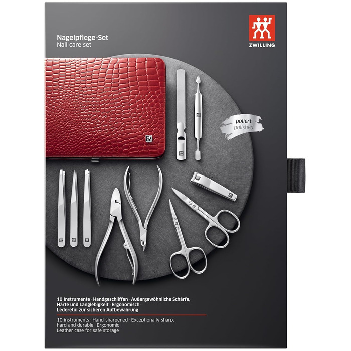 Набір для манікюру та педикюру ZWILLING Kroko Edition (10 предметів), нержавіюча сталь, шкіряний футляр, червоний