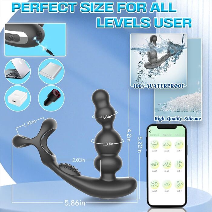 Анальні вібратори для чоловіків Jpscor з кільцем, керування через додаток, стимуляція простати, 3 режими обертання та 10 режимів вібрації