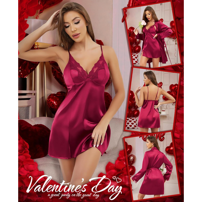 RSLOVE Комплект жіночого шовкового нічного одягу з мереживом - Сексуальна піжама, нігть, халат (L, Бордовий)