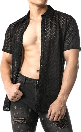 Чоловіча сорочка JOGAL з мереживом, чорна, літня, коротка, вільний крій