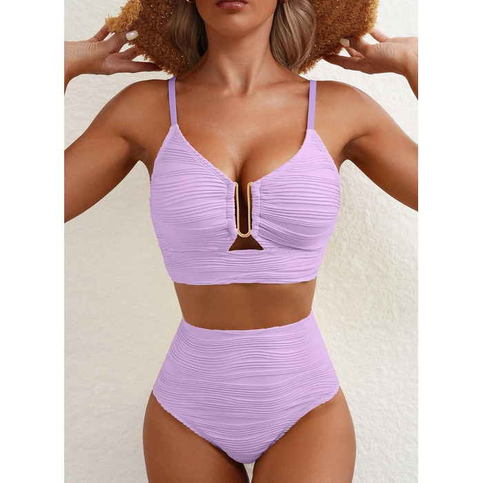 Бікіні-сет Herseas: двокомплектний купальник з високою талією, U-подібний виріз, текстурована тканина, літо 2025