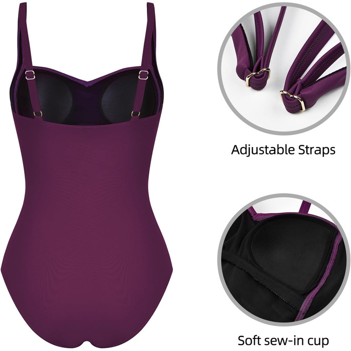 Купальник жіночий одноцільний з животом, квадратний виріз, пуш-ап, вінтажний, з рюшами, для схуднення, великі розміри, монокіні (38, V-фіолетовий)