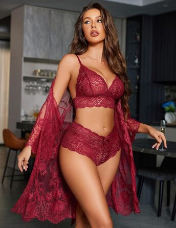 Avidlove Сексуальна жіноча білизна комплект мереживо 3-частинний негаліж, мереживний нічний халат, мереживна білизна комплект з бюстгальтером та трусиками, витончений, бордовий