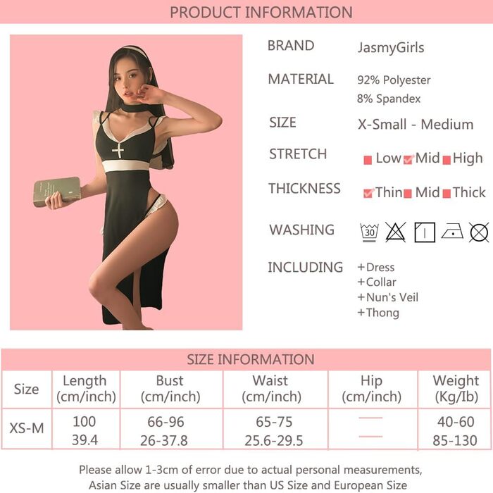 Костюм для косплею JasmyGirls: сексуальний образ черниці, дівочий, демонічний, на Хелловін. Сукня з високим розрізом, чорна, V-подібний виріз, розміри XS-M