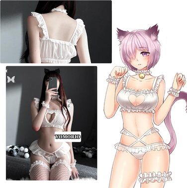 Костюм для косплею Томорі: Милий кіт, жіночий, сексуальний, відкрита груди, Лоліта, японський стиль, нічна сорочка, білий