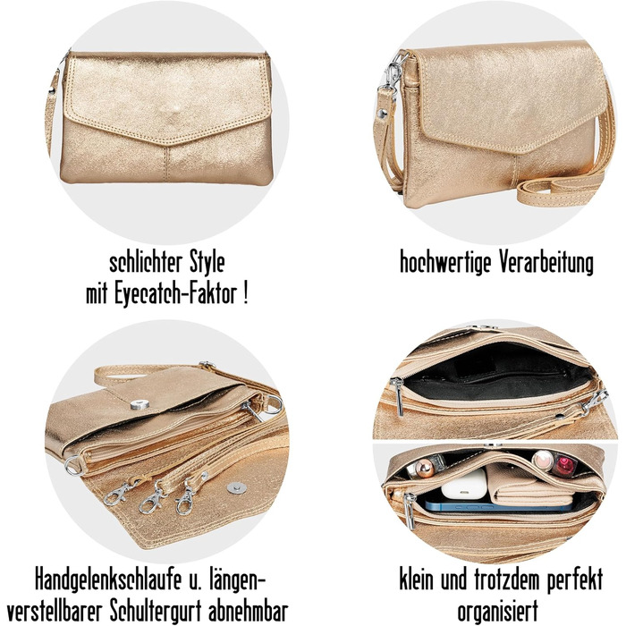 Жіночий клатч-сумка через плече Caspar Elegante з м'якої наппа-шкіри, вечірня сумка PREMIUM LINE, модель №322, Made in Italy, колір Platin Metallic