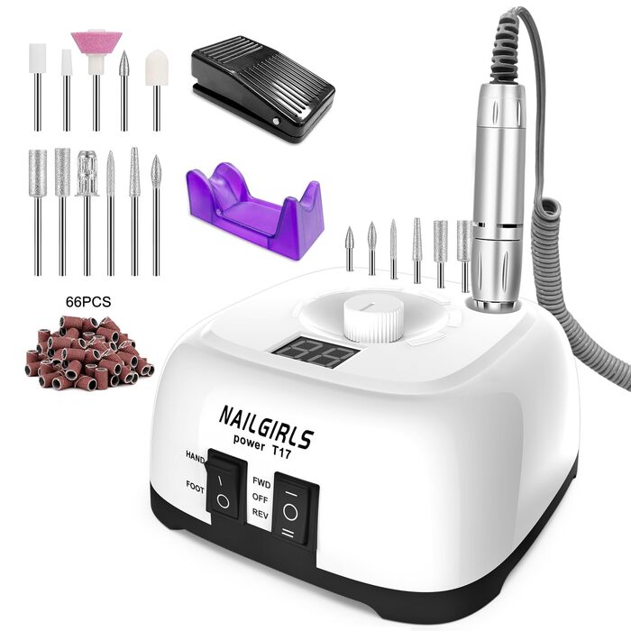 Електричний апарат для манікюру та педикюру NAILGIRLS 11 в 1, 35000 об/хв, з LCD-дисплеєм та педаллю, професійний набір для нарощених нігтів та гель-лаку (Білий)