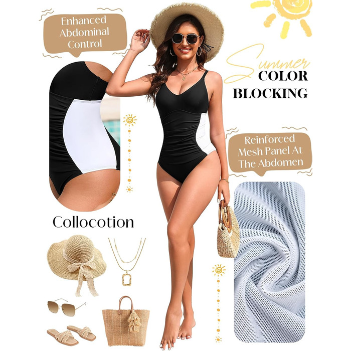 Чоловічий купальник Badeanzug Damen Bauchweg Figurformend Sexy V-Ausschnitt One Piece Swimsuit Verstellbare Schultergurte Seitentaille mit Farbblock Schwimmanzug Schwarz L