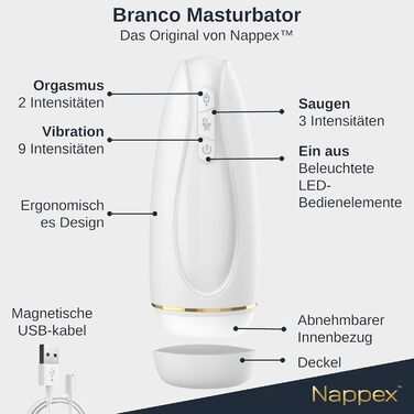 Електричний мастурбатор для чоловіків Nappex Branco з потужним всмоктуванням та вібрацією, режим оргазму - мастурбатор, кишеньковий