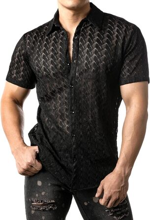Чоловіча сорочка JOGAL з мереживом, чорна, літня, коротка, вільний крій
