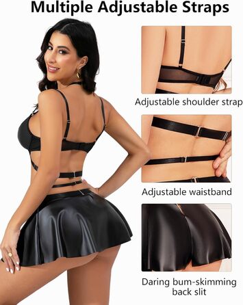 Елегантний костюм Evelife з чорного штучної шкіри: міні-сукня та бюстгальтер push-up з металевим ланцюжком. Ідеально для вечірок, клубів та тематичних заходів. Розмір M.