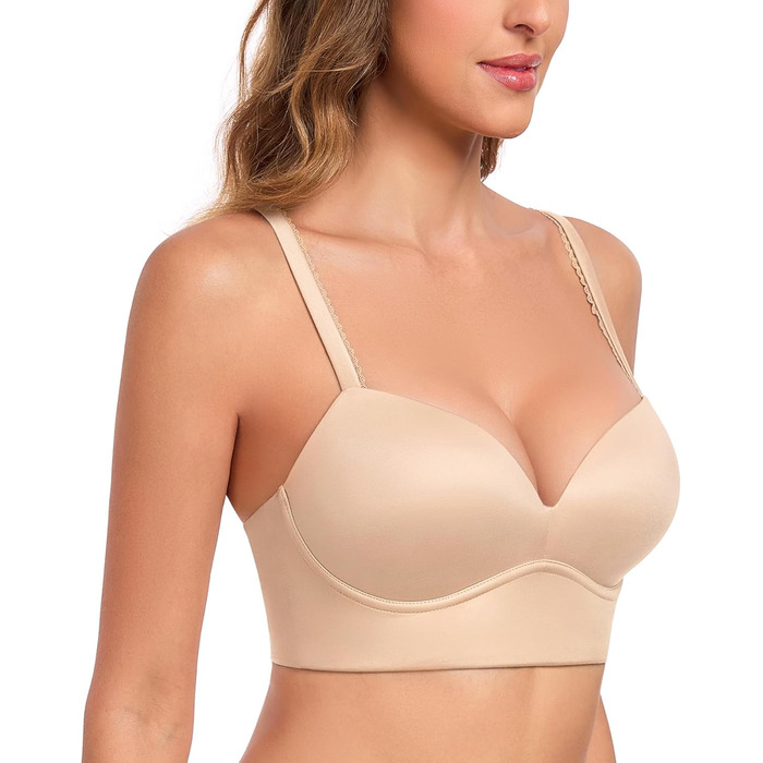 Трусики Lemorosy BH для жінок без кісточок Push Up, безшовні, з глибоким V-подібним вирізом, класичні, зручні, повсякденні бюстгальтери з широкими бретелями (80C, бежевий)