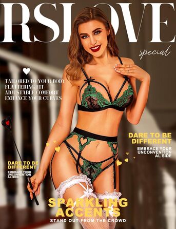 RSLOVE Комплект спідньої білизни для жінок: мереживний тіффані, боді, стринги (3 шт.) - чорний, L