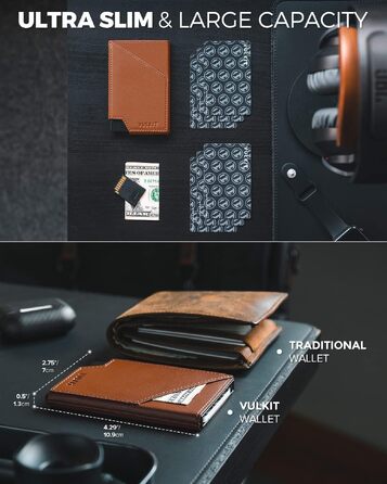 Чоловічий гаманець-картхолдер VULKIT з RFID-захистом, сліма металевий портмоне з висувним механізмом для карток, купюр та монет, коричневий