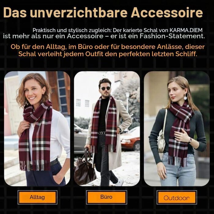 Унісекс шарф у клітинку KARMA.DIEM London Style, м'який зимовий шарф для жінок та чоловіків, бордовий (Burgundy Red Tartan), 35x170 см