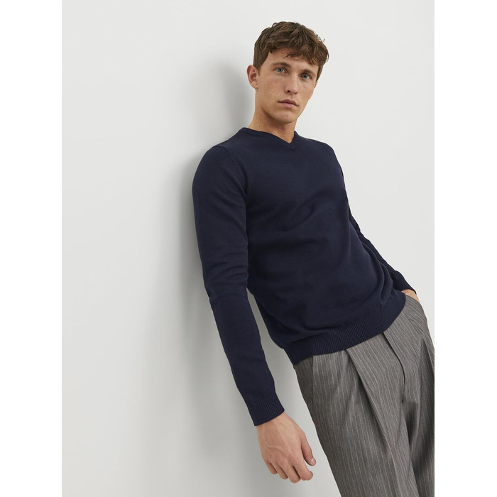 Чоловічий в'язаний светр Jack & Jones однотонний, темно-синій (Navy Blazer), розмір XL